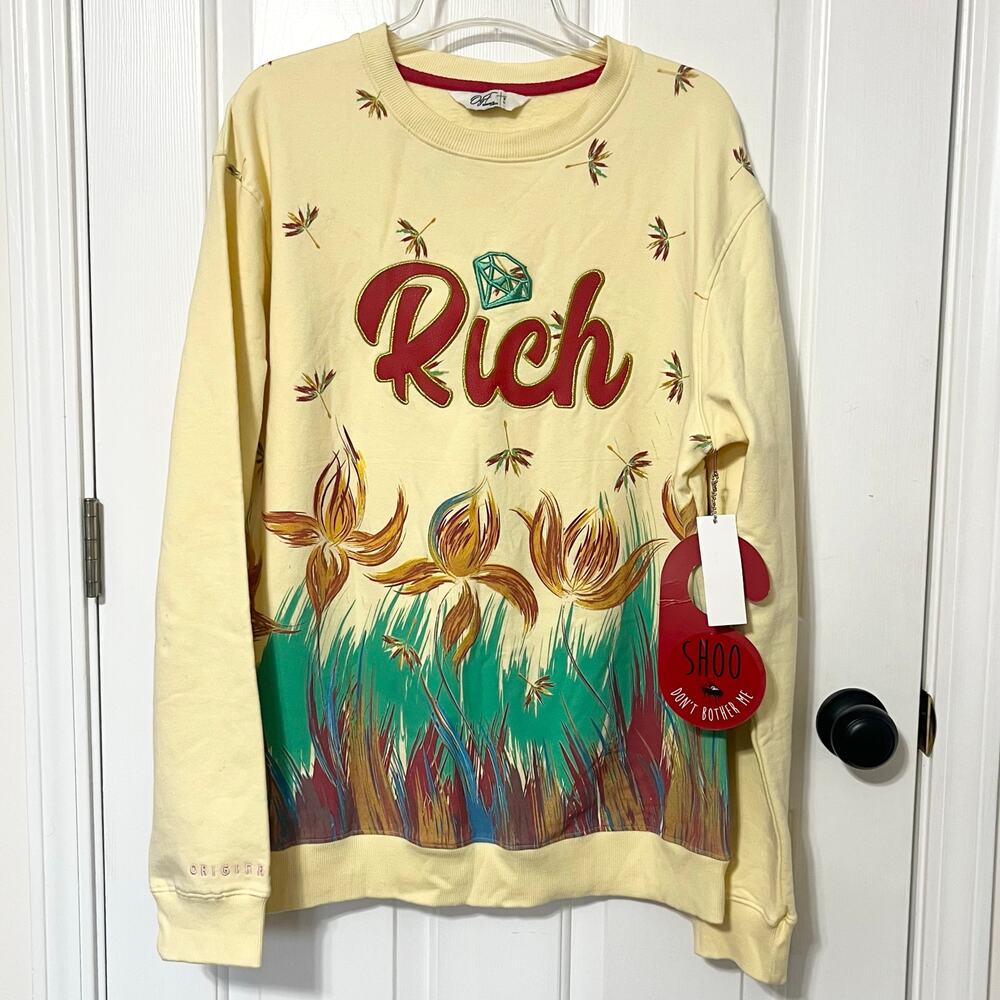 NWT Original Fables Rich Streetwear Graphic Sweatshirt Yellow Floral Print XL